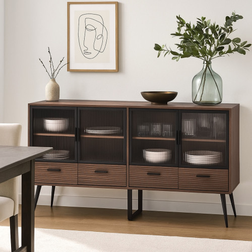 بوفيه انيق خشب بأبواب زجاجية مع أدراج تخزين بوفيه انيق خشب بأبواب زجاجية مع أدراج تخزين