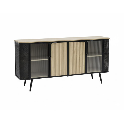 بوفيه خشب أنيق بأبواب زجاجية وهيكل معدني بوفيه خشب أنيق بأبواب زجاجية وهيكل معدني