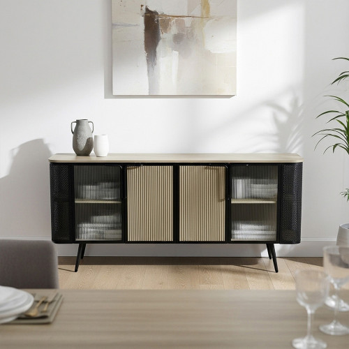 بوفيه خشب أنيق بأبواب زجاجية وهيكل معدني بوفيه خشب أنيق بأبواب زجاجية وهيكل معدني