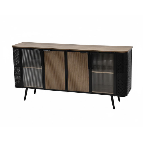 بوفيه خشب أنيق بأبواب زجاجية وهيكل معدني بوفيه خشب أنيق بأبواب زجاجية وهيكل معدني