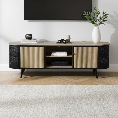 طاولة تلفاز خشبية بأرجل معدنية بيج طاولة تلفاز خشبية بأرجل معدنية بيج