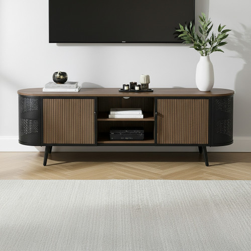 طاولة تلفاز خشبية بأرجل معدنية بني طاولة تلفاز خشبية بأرجل معدنية بني