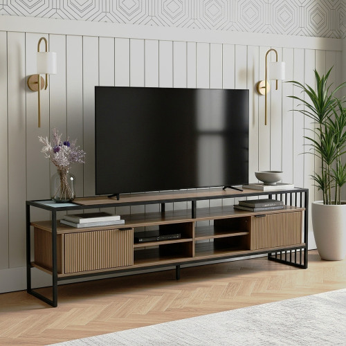 طاولة تلفاز خشبية بأرجل معدن ولمسة زجاجية طاولة تلفاز خشبية بأرجل معدن ولمسة زجاجية